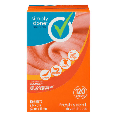 Ready for life. Removes static. Reduce wrinkles. Freshens. Softens. Compare to bounce outdoor fresh dryer sheets (This product is not manufactured or distributed by Procter & Gamble, owner of the trademarks Bounce and Outdoor Fresh). Sweater static solved! Towels not so fresh - no problem! From zapping static away to softening those sheets, be ready and freshen every load with high quality, affordable dryer sheets from Simply Done.