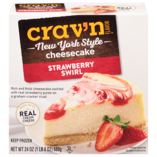 Get Some Crav'n Flavor! Drift away with irresistibly rich and thick New York style cheesecake. Made with swirls of real strawberry puree and smooth sour cream, this legendary indulgence is nestled inside a buttery graham cracker crust. You're not dream'n - you're deliciously indulg'n. Awaken your taste buds to a delectable new reality with this sensational craving. It's serious satisfaction. Please recycle.