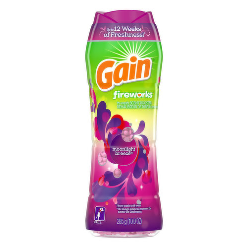 Up to 12 weeks of freshness! (from wash to until wear). Gain fireworks go directly into the washer to give a fresh scent boost. Safe for all colors, fabrics and loads. Great for active wear and towels. He compatible. www.ILoveGain.com. www.jadoregain.ca. Questions? 1-800-682-1523 or visit www.ILoveGain.com. Bottle made from 25% or more post-consumer recycled plastic.