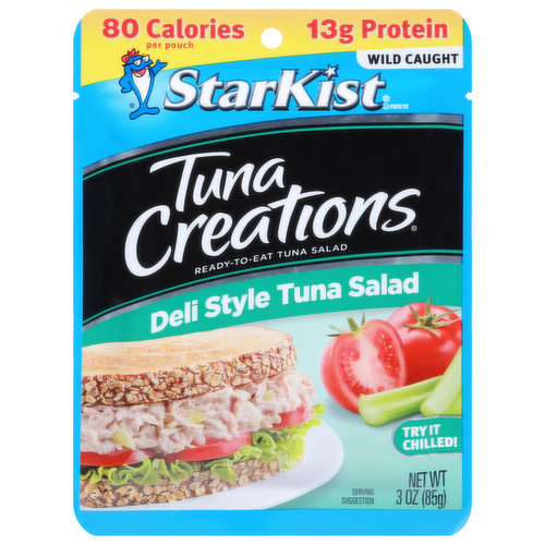 Wild caught. Ready-to-eat tuna salad. Try it chilled! Behold, the thing sandwiches dream about. Crisp celery, crunchy water chestnuts and a delightfully tangy sauce pair with select cuts of premium tuna to make a mouthwatering sandwich or salad. So, skip the deli ticket and just tear, eat and go! Tear. Eat. Go. Flavor fresh pouch. Wild caught. Dolphin safe.