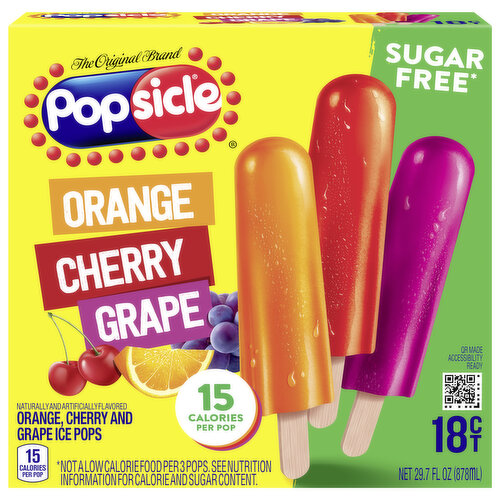 Popsicle Ice Pops, Sugar Free, Orange/Cherry/Grape