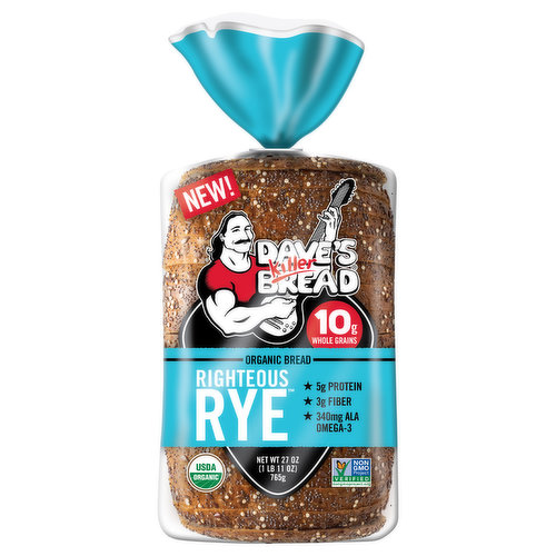 Dave’s Killer Bread's Righteous Rye is not your old school rye bread! This one is killer with bold rye flavor and a crunchy crust. 5g protein, 3g fiber and 340mg ALA Omega-3 per serving. Plus, each Non-GMO Project Verified Project Verified, USDA organic rye bread slice includes organic flax seeds, poppy seeds and quinoa. Dave’s Killer Bread has no high-fructose corn syrup, no artificial preservatives and no artificial ingredients. You can trust Dave’s Killer Bread to deliver killer taste, texture and whole grain nutrition. Dave’s Killer Rye Bread will amp up your BLTs, knock out a grilled cheese and is worthy of a fully loaded Rueben sandwich. You’ll want to try it rye-ght now.

The story of Dave’s Killer Bread began at the Portland Farmers Market, when Dave Dahl and his nephew brought some loaves of Dave's bread to sell. For Dave, this marked the beginning of a new chapter in his life. Though he grew up in a family of bakers, his life took a different path. A path that landed him in prison for 15 years. Determined to prove his worth and make a positive impact, Dave worked tirelessly to bake breads that tasted unlike anything else on the market — packed with seeds and grains, made with only the very best USDA organic and Non-GMO Project Verified Project Verified ingredients. Dave’s Killer Bread believes everyone is capable of greatness. One in three of the company's employee partners at their Milwaukie, OR bakery has a criminal background—but your past doesn't define your future. As a proud Second Chance Employer, Dave’s Killer Bread truly believes everyone deserves a second chance to become a Good Seed.
