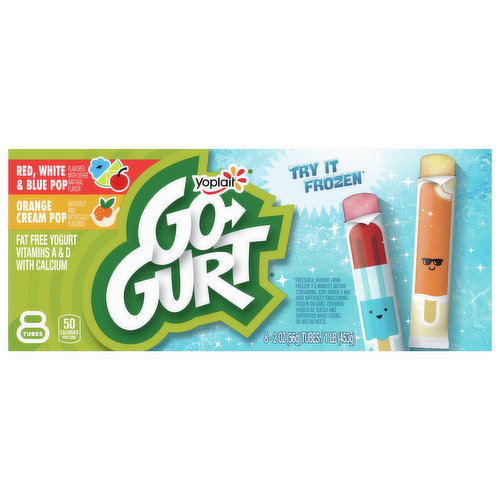 Go-Gurt Yogurt, Fat Free, Red, White & Blue Pop, Orange Cream Pop