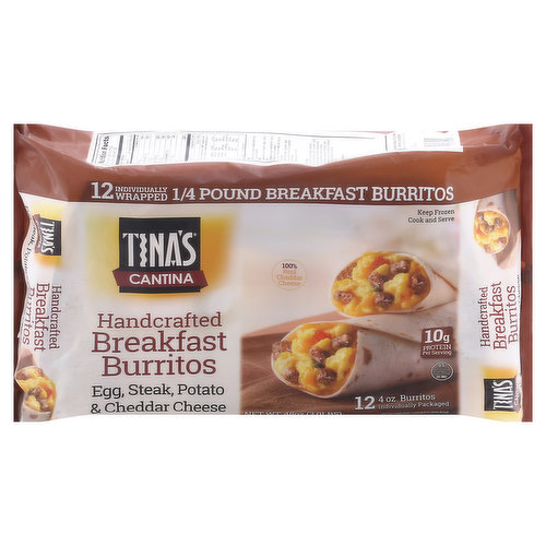 Tina's Breakfast Burrito, Handcrafted, Egg, Steak, Potato & Cheddar Cheese, 12 Pack