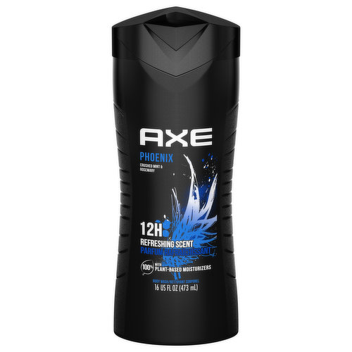 12 Hours. New. With 100% plant-based moisturizers. No parabens. Dermatologist tested. Smell 100% awesome. Washes away odor causing bacteria. how2recycle.info. axe.com. SmartLabel: App enabled/active. Find out more on axe.com. Questions? 1-800-450-7580. 100% recycled bottle. By 2025, We aim for all of our packaging to be recyclable or to include recycled stuff. Not recycled in all communities. Empty before recycling.