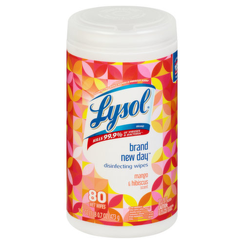 Kills 99.9% of viruses & bacteria (Kills Salmonella enterica (Salmonella), Influenza A Virus (H1N1), Herpes Simplex Virus Type 1 and Respiratory Syncytial Virus on hard, non-porous surfaces in 4 minutes). 3X Stronger (vs. a paper towel.) clean more, use less (vs. a paper towel). 80 wet wipes. 16.7 OZ (1 LB 0.7 OZ) 473 g. Use this as a convenient way to clean and disinfect your household surfaces, Each pre-moistened, disposable wipe kills germs (Kills Salmonella enterica (Salmonella), Influenza A Virus (H1N1), Herpes Simplex Virus Type 1 and Respiratory Syncytial Virus on hard, non-porous surfaces in 4 minutes). 3X Stronger (vs. a paper towel.) wherever you use it. No bottles, no sponges, no mess. Effective disinfecting has never been easier. Unplug small electric appliances before use. Not recommended for bare wood surfaces. Do not use on dishes, glasses, or utensils. Kitchen; sink & counter (For surfaces that come in contact with food: Use only on hard, non-porous surfaces and rinse thoroughly with water. To Prevent the of Mold and Mildew and their odors: Pre-clean hard, non-porous surfaces. Wipe surface and allow to remain wet for 3 minutes. Allow surface to air day. Repeat applications in weekly intervals or when mold and mildew growth appears); garbage cans; refrigerator exteriors (For surfaces that come in contact with food: Use only on hard, non-porous surfaces and rinse thoroughly with water. To Prevent the of Mold and Mildew and their odors: Pre-clean hard, non-porous surfaces. Wipe surface and allow to remain wet for 3 minutes. Allow surface to air day. Repeat applications in weekly intervals or when mold and mildew growth appears); light switches. Bathroom; bathtub & faucets; toilet seats; shower areas; door knobs. Electronics; laptops & tablets; smartphones; gaming consoles; remote controls. Disinfects; Influenza A Virus (H1N1); Respiratory Syncytial Virus; Salmonella enterica (Salmonella); Escherichia coli with extended spectrum beta-lactamase resistance (ESBL); Escherichia coli 0157:H7 (E. coli); Listeria monocytogenes; Staphylococcus aureus Methicillin resistant (MRSA); Herpes Simplex Virus Type 1; Staphylococcus aureus (Staph); Influenza H7N9 (wildtype A/Anhui/1/2013); Human Coronavirus; Pseudomonas aeruginosa; Streptococcus pyogenes (Strep); Campylobacter jejuni; Shigella flexneri serotype 1B. Sanitizes: Enterobacter aerogenes; Staphylococcus aureus. Fungistatic: Aspergillus niger (Mold & Mildew). Non-refillable container. Do not reuse or refill this container. RB. Health. Hygiene. Home. www.rbainfo.com. btfe.com. how2recycle.info. Questions? Call 1-800-228-4722. For ingredient information visit www.rbainfo.com. Box Tops for Education: No more clipping. Scan your receipt. See how at btfe.com. This canister is made of 25% post-consumer recycled plastic. Dispose of wipe in trash after use. Discard in trash or offer for recycling.