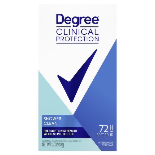 Degree Clinical Strength antiperspirant deodorant in Shower Clean has our breakthrough MotionSense Technology. The more you move, the more it’ll work provide you with superior motion activated protection against excessive armpit sweating and strong body odor.With a Shower Clean fragrance, expect that out of the shower feeling with every application. This deodorant for women is the perfect way to start your day, and also for those moments throughout your day when you may need freshening up.An active life can lead to sweating and body odor. Degree's Shower Clean deodorant for women keeps you feeling cool, fresh and protected from underarm sweat, no matter what challenges the day may bring.Degree's clinical strength antiperspirant deodorant with maximum sweat and odor protection, gives you the confidence to keep progressing, keep moving, however you move. Only Degree MotionSense Technology keeps you fresher through every move you make. Here's how it works: unique microcapsules sit on the surface of your skin. When you move, friction breaks those microcapsules, and they release more fragrance. Every time you move, advanced protection keeps you fresh and free from strong body odor and underarm sweat. This powerful antiperspirant for women responds when you need it most so that you can stay confident without having to worry about slowing down. Whatever you do, however you do it, Degree wants to help inspire the confidence in you to move more, and with this deo, it’ll provide you the confidence that sweat and odor will not get in your way of your progress. Degree. It won’t let you down.