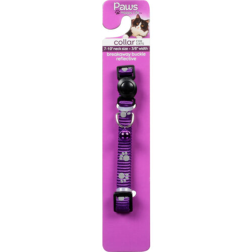 Paws Happy Life Collar for Cats, Breakaway Buckle Reflective, 7-10" Neck Size - 3/8" Width