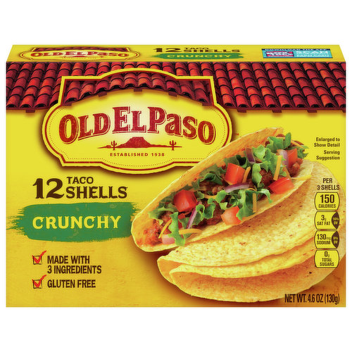 Feed the taco frenzy with a 12-count package of Old El Paso Crunchy Taco Shells. Made with only three ingredients, these gluten-free hard taco shells add a satisfying crunch to taco night. Simply add your favorite meats, cheeses, beans and fresh toppings for tasty tacos that are easily customized to make the whole family happy. Tonight, we taco!
For more than 80 years, Old El Paso has been bringing families and communities together to celebrate old and new traditions around delicious, Mexican-inspired flavors. We believe that any night can be a taco night, and we’re here to help make it a little easier and a lot more delicious. Our variety of crispy hard taco shells, tasty soft tortillas, flavorful seasonings, and much more help make taco night fun.
