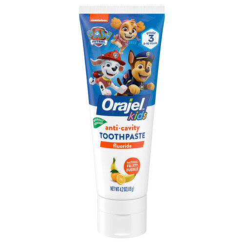Nickelodeon. Naturally sourced (Over 99% naturally-sourced ingredients). Orajel fluoride toothpaste protects against cavities, strengthens teeth and helps keep gums healthy. Spin master. Our Commitment: Green e: Certified renewable energy. Proud supporter of Arbor Day Foundation.