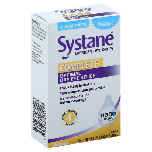 Other Information: Store at room temperature.  Misc: Complete optimal dry eye relief. Fast-acting hydration. Tear evaporation protection. Nano-droplets for better coverage (Vs Systane balance). Nano droplet. Sterile. New! No.1 brand (Based on a survey of eye care professionals. Data on file) doctor recommended. Systane Complete our most advanced formula ever! Systane Complete lubricant eye drops hydrates fast, protects against tear evaporation, and helps support all layers of the tear film. Nano droplet technology: a better delivery of the active ingredient; better eye coverage (Vs Systane balance). www.alconpatents.com. Questions? In the US call 1-800-757-9195. alcon.medinfo(at)alcon.com. www.systane.com. Made in USA from domestic and imported materials.