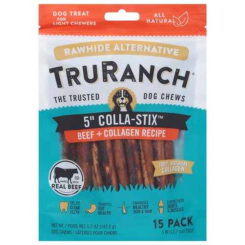 TruRanch Dog Chews, Beef + Collagen Recipe, Light Chewers, 5 Inch, 15 Pack