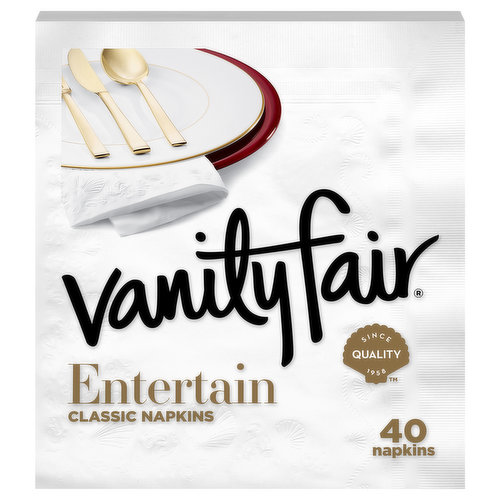 Quality since 1958. Turn your ordinary meal into an extraordinary meal with Vanity Fair Entertain Napkins. Impress your guests and family with this simple, yet elegant accompaniment for those special entertaining occasions. Featuring beautifully detailed embossing and a smooth, cloth-like texture, our 3-ply napkins are exceptionally versatile and 50 percent larger than Vanity Fair everyday napkins.