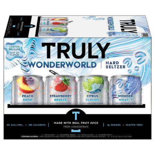 NEW Limited Edition Truly WONDERWORLD is a refreshing new realm of flavor just waiting to be explored.?   This variety pack contains four fresh, new flavors. With the first three, delight your senses with the fruit you see and a surprise twist as you crack open each can. The final one is a complete mystery to keep drinkers wondering for months to come.  Flavors include: Peach Drop, Strawberry Skies, Citrus Clouds and Wonder What...? Limited edition mix pack available February - April.