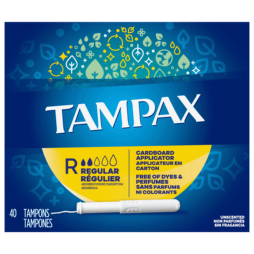 It’s time to Tampax and live your life without limits. Get incredible comfort and protection with Tampax Cardboard tampons made with a LeakGuard Skirt to help stop leaks before they even happen. They feature an Anti-Slip Grip for easy insertion and gently expand to your individual shape thanks to FormFit. Tampax Cardboard Regular Absorbency provides you with up to eight hours of protection you can feel good about. Free of dyes, perfume, latex*, BPA, and elemental chlorine bleaching.Ready to ditch the leaks? Get amazing protection with Tampax, the #1 U.S. Gynecologist recommended tampon brand**. Discover your perfect flow combo and get the protection you need.*natural rubber latex**based on 2020 survey
