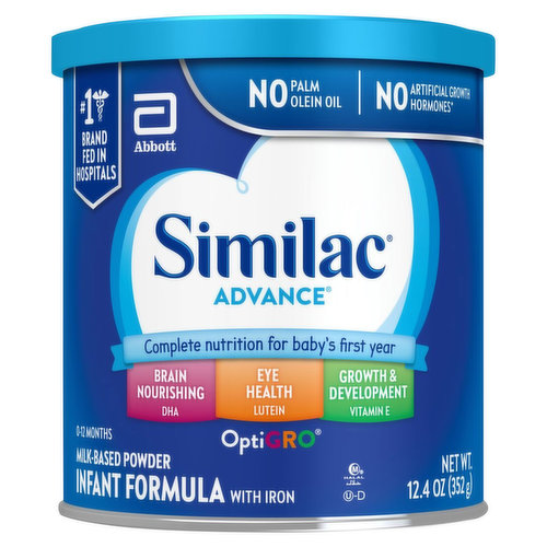 Similac Advance* is a nutritionally complete, milk-based, iron-fortified infant formula for baby’s first year. It has our exclusive blend of ingredients to support baby’s brain and eye development. Our no palm olein oil blend supports excellent calcium absorption. Similac was the first leading infant formula brand with no artificial growth hormones† and is the #1 infant formula brand fed in hospitals. * Not for infants or children with galactosemia. † No significant difference has been shown between milk derived from rbST-treated and non-rbST-treated cows