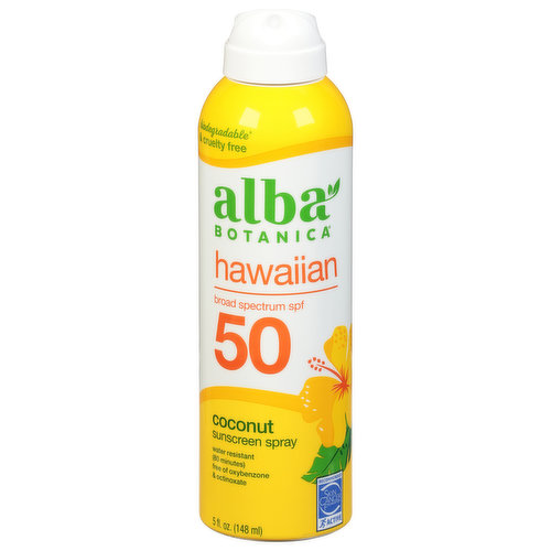 Other Information: Protect this product from excessive heat and direct sun. Certified Gluten Free. Reef friendly. Water resistant (80 minutes) biodegradable formula. 100% Natural fragrance. Aloha Sunshine! Lightweight, fast-drying mist sprays at any angle. Air-powered and reef friendly (Free of ingredients identified to have potential adverse impact to coral reefs) for a happy plant. No oxybenzone, octinoxate. 100% Vegetarian ingredients. No artificial colors. No synthetic fragrances, parabens, phthalates or sulfates. www.care.org/alba. www.albabotanica.com. Girl power matters learn more at www.care.org/alba. Questions? Call (888) 659-7730 or visit wwww.albabotanica.com. Recommended Skin Cancer Foundation Active. No animal testing. Cruelty free. Please recycle. Aloha, Sunshine! Lightweight, quick-dry mist sprays at any angle. Air-powered and reef-friendly* for a happy planet.