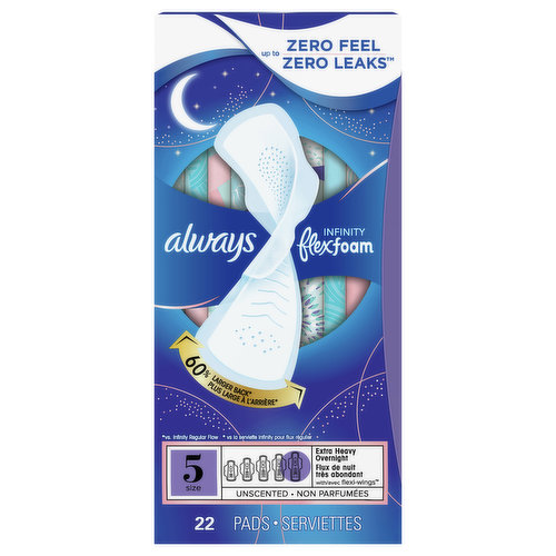 Always Infinity FlexFoam Extra Heavy Overnight Absorbency pads feel like nothing and protect like nothing else. FlexFoam pads are unbelievably thin and flexible so your pad moves with you, not against you.  Zero Feel protection is possible with form fitting grooves that conform to your shape, and super absorbent holes that pull wetness away from your skin.  Always' driest top layer is breathable, so you can say goodbye to hot and stuffy. With Always Infinity FlexFoam pads your period is the last thing on your mind.