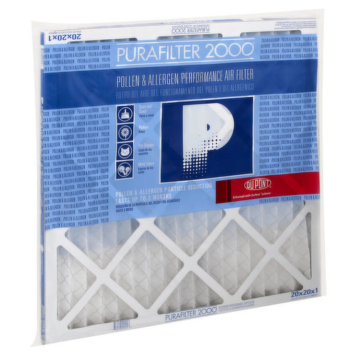 20x20x1. Actual Size (19.750 x 19.750 x 0.750). Dust and sand. Pollen (inanimate). Pet dander. Mold spore. Pollen & allergen particle reduction lasts up to 3 months. Enhanced with DuPont science. In case of emergency or need of repair, please contact CTM at phone 1-702-386-0703 or you can contact us on the web for routine information at www.purafilter2000.com. Improving Indoor Air Quality While Optimizing HVAC Performance: Purafilter Pollen & Allergen Performance filters are designed to last up to 90 days. However, local air quality surrounding your home and the environment within your home can significantly alter the useful life of your filter. Pets, painting, construction projects, etc within the home reduce filter life. We recommended checking your filter every 30 days during moderate to heavy use of your HVAC system. Replace filters before they become completely covered with dust. This will prevent harmful back pressure on your HVAC system. Changing filters more frequently can also help to reduce energy costs. Purafilter 2000 filters outperform typical fiberglass filters. Free filter reminder service. We will be happy to provide you with a Time to replace your filter reminder via e-mail for free. Just log onto www.airfiltration.dupont.com and click on the Reminder Service to sign up. Limited Warranty: This product will be free from defects in material and manufacture for a period of 6 months from date of purchase. If this product is defective your remedy shall be replacement of the product or refund of the purchase price at Purafilter 2000 option. For warranty service, contact Purafilter 2000 at the address listed on this package. Limitation of Liability: Purafilter 2000 will not be liable for any loss or damage arising from the use of this product whether direct, indirect, special, incidental or consequential. UL classified. Air filter unit as to flammability only. 6HA2. Made in USA.