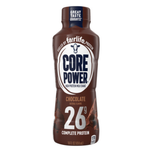 Natural flavors. 170 calories per bottle. 26 g complete protein. Lactose free. Gluten free. Fueled by Fairlife protein. What makes Core Power so unique is pure, fresh Fairlife ultra-filtered milk. With 26 g high quality complete protein and all 9 essential amino acids, Core Power helps build lean muscle and supports healthy recovery. Sealed for your protection. Great taste guarantee (for more information: corepower.com/great-taste). Homogenized & Grade A. corepower.com. Consumer Information: 800-643-8151. corepower.com. Recycle me.
