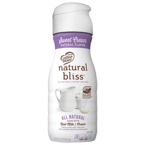Made with real milk & cream. Natural flavor. Per 1 Tbsp: 35 calories; 1 g sat fat (5% DV); 5 mg sodium (0% DV); 5 g total sugars. Gluten free. Nutritional Compass: Nestle - Good Food, Good Life. Good to know. Our natural Sweet Cream flavor includes real dairy to enhance sweet, creamy notes. Good to connect: coffeemate.com; call/text: 1-800-637-8534. Thoughtful portion. 1 tbsp = 35 cal. Use in moderation for you perfect cup. No GMO Ingredients (SGS verified the Nestle process for manufacturing this product with no GMO ingredients sgs.com/no-gmo). From cows not treated with added growth hormone (No significant difference has been shown between milk from rBST treated and non-rBST treated cows). Homogenized. Ultra pasteurized. Made with only: milk & cream; cane sugar; natural vanilla flavor. Grade A. coffeemate.com. how2recycle.info. SmartLabel: Scan for more info. Stir up an all-natural and delightful addition to your morning cup of coffee with Coffee mate NATURAL BLISS Sweet Cream flavor coffee creamer. With a smooth, rich, and delicious silky sweet flavor, Sweet Cream is made with simple ingredients--milk, cream, cane sugar, and natural sweet cream flavor. Liven up your cup with a sweet sip that is at its natural best and does not contain GMO ingredients or rBST treated milk.* Add naturally delicious goodness into every cup you pour, with NATURAL BLISS.