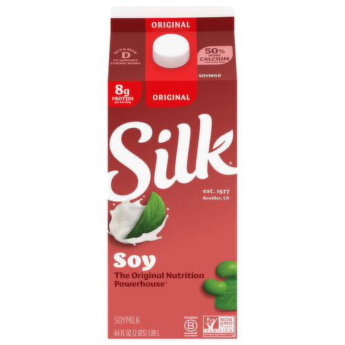 Treat yourself to the tasty goodness of Silk Original Soymilk. Made with whole-harvested soybeans, this plain Soymilk offers rich, creamy taste in every delectable drop and makes a perfect non-dairy alternative to milk. Experiment with a splash of Soymilk over your cereal, or simply enjoy it straight-up in a glass. You can swap Silk for milk cup-for-cup in nearly any recipe--from creamy soups to tempting desserts. Silk Soymilk is totally free of dairy, lactose, carrageenan, gluten, casein, egg, peanut, and MSG. It’s a powerhouse of nutritional goodness, too: each serving provides calcium and heart-healthy protein.* 
*In a diet low in saturated fat and cholesterol, 25 grams of soy protein per day may reduce the risk of heart disease. A serving of Silk Original Soymilk has 8 grams.
Here at Silk, we believe in making delicious plant-based food that does right by you and fuels our passion for the planet. Every delicious product we offer is made with plants, they’re naturally dairy-free, gluten-free, and cholesterol-free. And our entire lineup is enrolled in the Non-GMO Project Verification Program. Choose from an array of non-dairy products--from silky-smooth nutmilk to creamy, dreamy yogurt alternatives--and taste the goodness for yourself!