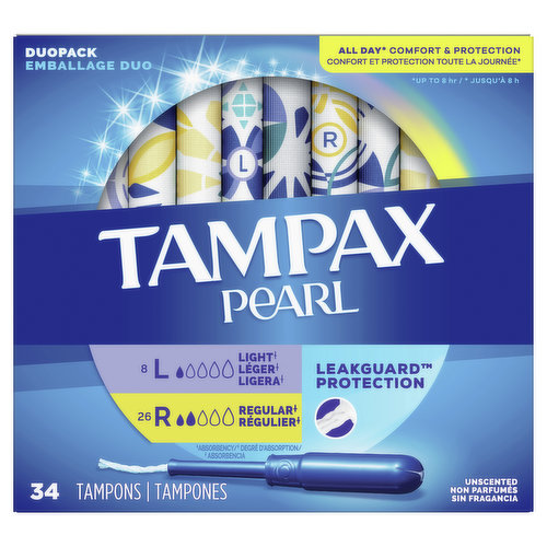 Light (Absorbency): 8. Regular (Absorbency): 26. All day (up to 8 hr) comfort & protection. Leakguard protection. Everyday comfort for up to 8 hrs of out of sight, out of mind protection. Formfit Expansion: Expands gently to fit your body shape. Smooth Removal Layer: For amazing comfort, even on light days. Leakguard Braid Protection: Helps stop leaks before they happen. No. 1 U.S. gynecologist recommended tampon brand (base on a 2020 survey). Free of perfume. Free of elemental chlorine bleaching. Tampon free of dyes. Clinically tested gentle. to skin. Our best Pearl protection ever. Switch between absorbencies throughout our cycle. For better comfort and protection every day. Tampax.com. www.pg.com. how2recycle.info. Scan. Tampax. Learn more about your product and its ingredients. tampax.com. Question? 1-800-523-0014. Made in U.S.A.