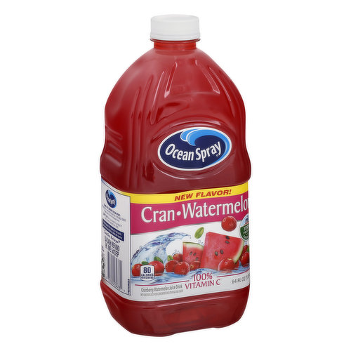 Cranberry watermelon juice drink with another juice from concentrate and other natural flavor. 80 calories per serving. 100% vitamin C. New flavor! Cranberry - Every fruit's best friend! No high fructose corn syrup. No preservatives. The Detlefsen Family. Wisconsin. 5th and 6th generation cranberry farmers working alongside 700 other farm families as part of the ocean spray cooperative. Farmer owned since 1930. Pasteurized. Tastes good. Good for you. Pasteurized how2recycle.info. Thanks for choosing ocean spray: For questions or comments please call 800-662-3263. Please have the entire package handy. 100% profits to our farmers.