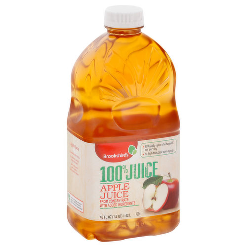 Apple juice from concentrate with added ingredients. 90% Daily value of vitamin C per serving. Pasteurized. Contains concentrate from: see top of bottle. A single sip will tell you brookshire’s juice is simply the best. Serve and savor with a smile and a nod to nature. No high fructose corn syrup. If you’re not happy, we’re not happy 100% satisfaction, 100% of the time, guarantee! Brookshire.com. Question? Call us at 1-903-534-3000 Brookshire.com.