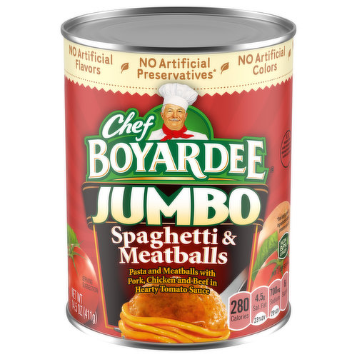 Pasta and meatballs with pork, chicken and beef in hearty tomato sauce. In 1924, Chef Hector Boiardi's (Boyardee) restaurant was so popular he began bottling his signature sauce in jars for his customers to take home. Today, Chef Boyardee maintains its quality by using ingredients such as vine ripened California tomatoes and wholesome pasta.