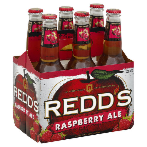 Ale with natural flavors. An exceptionally crisp raspberry ale. Contains alcohol. Please recycle. For consumer questions call 1-800-645-5376. ReddsAppleAle.com. Great beer. Great responsibility.