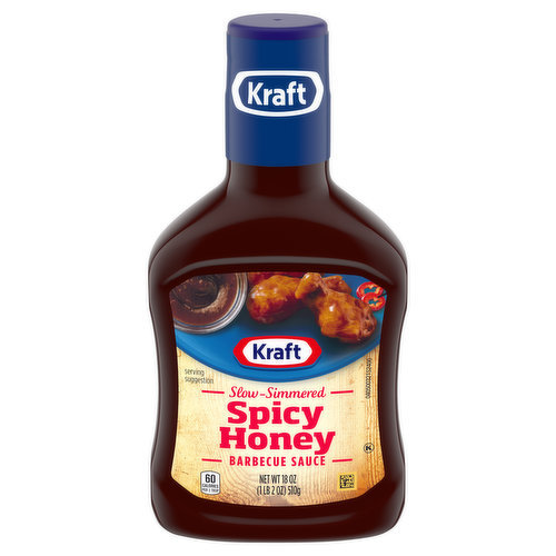 Kraft Slow-Simmered Spicy Honey Barbecue Sauce and Dip works as a table sauce for meats and is great for dunking chicken tenders or nuggets. This tangy BBQ sauce has 60 calories per serving, 0 grams of total fat and 0 milligrams of total cholesterol for a condiment you can enjoy. Natural hickory smoke flavor, dried garlic and onion give this honey BBQ sauce a captivating taste. Add a burst of spice to honey BBQ wings, use this BBQ sauce for pulled pork or put it in a beef ribs marinade for all-night seasoning. The twist-top design makes the 18 ounce bottle easy to open. Place the sauce in the refrigerator after opening to preserve the excellent taste.