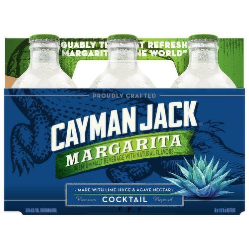 Flavored ale. Premium malt beverage with natural flavors. Crafted to Remove Gluten: Cayman Jack is fermented from grains that contain gluten and crafted to remove gluten. The gluten content cannot be verified and this product may contain gluten. For more information on how Cayman Jack is crafted to remove gluten go to caymanjack.com. Proudly crafted. Made with lime juice & agave nectar. Premium prepared. Arguably the most refreshing margarita in the world. www.caymanjack.com. 5.8% alc./vol. 11.6