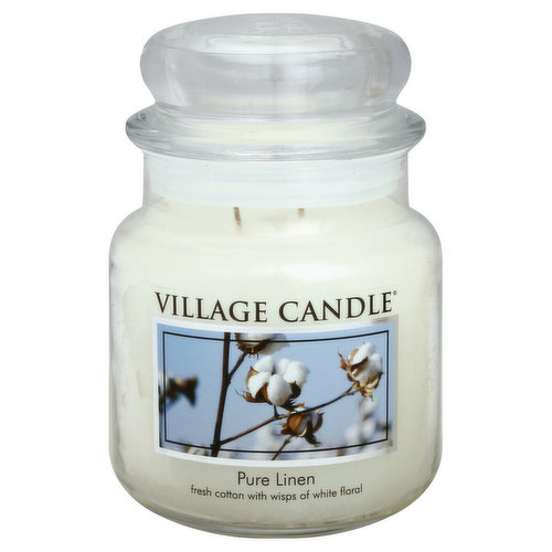 Fresh cotton with wisps of white floral. 16 fl oz. Approx. burn time is up to 105 hours. www.villagecandle.com. Made in Wells, Maine USA.