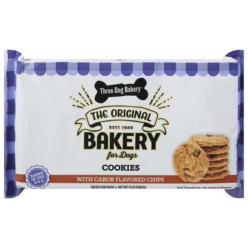 Calorie Content (Calculated): 4250 kcal ME/kg; 48 kcal ME/treat. No artificial flavors. The original bakery. Est. 1989. Real ingredients. www.threedog.com. Facebook. Twitter. Instagram. For more information, visit us at: www.threedog.com. Baked in the U.S.A.