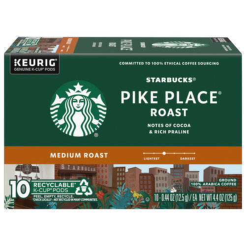 Starbucks Coffee, 100% Arabica, Ground, Medium Roast, Pike Place Roast, K-Cup Pods