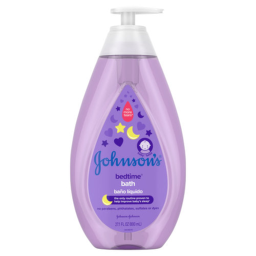 Johnson's Bedtime Baby Bath gently cleanses and helps relax your baby before bed. This pediatrician- and dermatologist-tested baby bath creates a gentle, foaming lather and is specially designed for babies who are ready to start sleeping longer. The soothing tear-free liquid baby bath is enhanced with relaxing NaturalCalm aromas and cleanses baby's skin, leaving it feeling touchably soft and smooth. The Johnson's No More Tears formula is gentle on eyes. This hypoallergenic baby bath contains no harsh fragrances, parabens, phthalates, sulfates, or dyes. Johnson's does not test on animals. Use this calming baby bath in the evening as part of Johnson's clinically proven bedtime routine of warm bath, gentle massage, and quiet time to help your baby fall asleep faster and stay asleep longer.