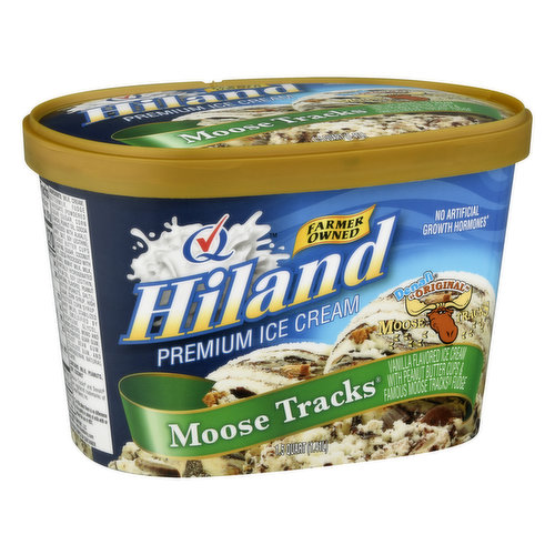 Vanilla flavored ice cream with peanut butter cups & famous Moose Tracks fudge. Deli Originals Moose Tracks. No artificial growth hormones (The FDA states there is no difference in the quality or safety of milk with or without the use of rBST). www.hilanddairy.com. Farmer owned.