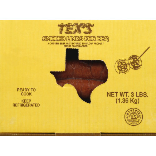 A chicken, beef and textured soy flour product smoke flavor added. Ready to cook. Packed in natural pork casing. Texified. Inspected for wholesomeness by US Department of Agriculture.