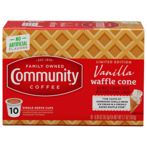 Limited Edition 10 single-serve cups. The taste of homemade vanilla bean ice cream in a freshly baked waffle cone. No artificial flavors. Naturally flavored coffee with other natural flavors. Est. 1919. Family owned. Compatible with single-serve brewing systems, including Keurig K-Cup brewers. Our Story: Over 100 years of ago my great-grandfather, Cap Saurage, created the very first batch of our signature coffee. He blended and served a cup so delicious that it became a local favorite. Out of appreciation for his community of friends and customers, Cap named it 'Community Coffee'. Four generations later, we are dedicated to creating a variety of distinctive, full-flavored coffees. We blend and roast each coffee to reach its full potential, giving you a rich, smooth coffee experience every time. Matt Saurage. 4th generation owner. Dark roast. Light roast. Our exclusive flavored coffees create a sweet, indulgent cup with a satisfying finish. This smooth, creamy treat embodies the reminiscent taste of homemade vanilla bean ice cream in a freshly baked waffle cone. To enhance flavor, cream and add sugar. www.communitycoffee.com. Facebook. Instagram. Twitter. Find us on Facebook.com/CommunityCoffee. For more information about Community products contact: Community Coffee Company 1-800-884-5282. Discover more varieties at communitycoffee.com. Making a difference cup by cup. We believe it is important to do more than make great coffee. By supporting and giving back to local communities, every cup makes a difference to the people and places that make us Community Coffee. To learn more, visit communitycoffee.com/giving-back. Proof of Purchase: Community Coffee. Cash for schools. 1 point. CommunityCoffee.com/cashforschools. This carton is made with recycled material.