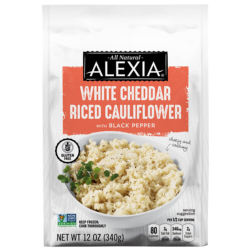 All natural. Cheesy and creamy. Cook thoroughly. Eating your veggies doesn't get better. Tender, riced cauliflower spiked with tangy white cheddar cheese. Save room for seconds.