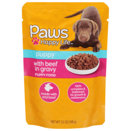 Calorie Content (ME Calculated): 902 kcal/kg; 90 kcal/pouch (3.5 oz). Paws Happy Life with Beef in Gravy Puppy Food is formulated to meet the nutritional levels established by the AAFCO dog food nutrient profiles for growth and maintenance excluding growth of large size dogs (70 lb. or more as an adult).