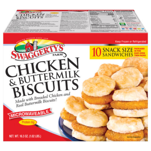 These 16.3oz mini chicken & buttermilk biscuits include 5 twin packs for convenience. Perfect for kids and moms love em too! Fully cooked so just heat and serve! Featuring our crispy breaded chicken patties on buttermilk biscuits.