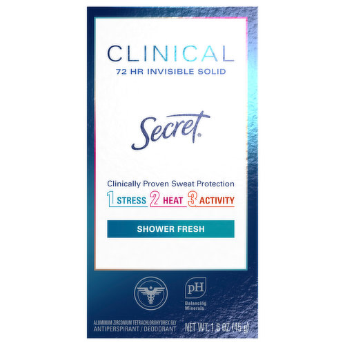 72 hr invisible solid. Clinically proven sweat protection. 1. Stress. 2. Heat. 3. Activity. pH balancing minerals. Goes on dry and stays feeling dry. Advanced protection for all types of sweat: 1. Stress. 2. Heat. 3. Activity. Clinical: Our Strongest Protection Against Sweat From: (1) Stress. (2) Heat. (3) Activity. to help eliminate odors. 72 hour sweat protection. All day fresh scent. Made with advanced odor fighters. Clinically Proven to Provide Prescription Strength Wetness Protection: Equivalent to a 6.25% aluminum chloride Rx product. Cruelty Free.