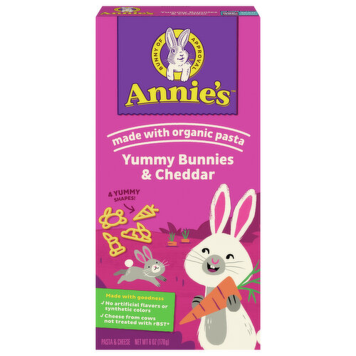 Bring creamy, cheesy goodness to your family dinner table with Annie's Yummy Bunnies Pasta Shapes and Cheddar Macaroni and Cheese. Made with real cheddar cheese and organic pasta in four adorable bunny and carrot shapes, Annie's mac and cheese offers a great-tasting adult and kids dinner option that is crafted with lots of care and packed with irresistible flavor. Annie's mac and cheese with organic pasta contains cheese from cows not treated with rBST*, offering quality ingredients in every tasty bite. This pasta and cheese dinner side contains no artificial flavors or synthetic colors for a tasty serving of Annie's macaroni and cheese you can feel good about. Kids and adults will love the rich combination of real cheese and bunny-shaped pasta, making it perfect for lunchtime, dinnertime or anytime you're in the mood for something downright delicious. Annie's cheddar mac and cheese is ready in just 15 minutes, helping you spend less time in the kitchen so you can enjoy quality time sharing a meal with your family. All you have to do is boil the pasta in water and drain in a colander. Heat three tablespoons of lowfat milk in a medium saucepan and mix in the cheese packet. Then, add the cooked pasta to the saucepan and stir well to combine. Serve Annie's mac n cheese as a side dish, use it to prepare baked bacon mac and cheese for your next family meal, or pair it with other kids food favorites like chicken nuggets. This six-ounce box is easy to store in the pantry and contains about two-and-a-half servings for a quick kids mac and cheese dinner option. Packaged with built-in play, there is a fun activity for you and your busy bunny printed on the back of the mac and cheese box. Annie’s macaroni and cheese dinner side is an official Box Tops For Education participating product. Download the Box Tops App to learn more and start earning cash for schools today.*No significant difference has been shown between milk derived from rBST-treated and non rBST-treated cows.