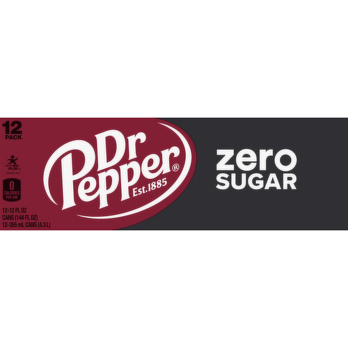 Dr Pepper Soda, Zero Sugar, 12 Pack