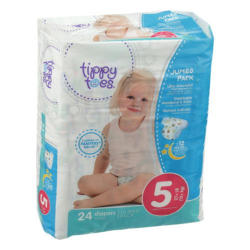 Tippy Toes Diapers, Size 5 (27 + lb), Jumbo Pack