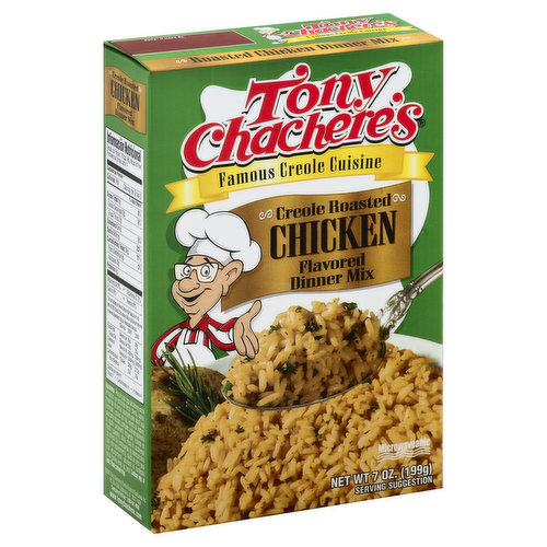 Famous Creole cuisine. Microwaveable. First Inductee - Louisiana Chef's Hall of Fame. South Louisiana cooking legend Tony Chachere makes it easy to enjoy authentic Creole dinners at home. We guarantee the entire family will enjoy this delicious mouthwatering meal. Tony Chachere's makes everything taste great! For more information about our company, great recipes, and a full list of products, visit us on the web. www.tonychachere.com. Facebook: facebook.com/tonychacheres. Twitter: twitter.com/tonychacheres. Consumer Hotline: 1-800-551-9066. Please recycle. Made in the USA.