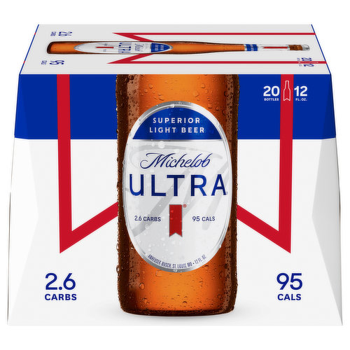2.6 carbs. 95 cals. Enjoy responsibly. www.michelobultra.com. tapintoyourbeer.com. Questions/Comments Call: 1-800-342-5283; www.michelobultra.com. Thirsty for more info? Tap into your beer.com. Sustainable Forestry Initiative: Certified Sourcing. www.sfiprogram.org. We support the Sustainable Forestry Initiative by obtaining the packaging materials used in this carrier from responsible sources, because we believe in managing our forests for future generations. Please recycle.