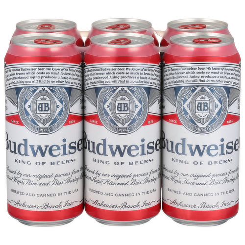Brewed by our original process from the choicest hops, rice and best barley malt. This is the famous Budweiser beer. We know of no brand produced by any other brewer which costs so much to brew and age. Our exclusive Beechwood Aging produces a taste, a smoothness and a drinkability you will find in no other beer at any price. United Stated of the America. Since 1876. King of beers. The great American. Enjoy responsibly. Drink wisely. Please recycle. Brewed with renewable 100% electricity from wind power (electricity is one type of energy we use to brew).